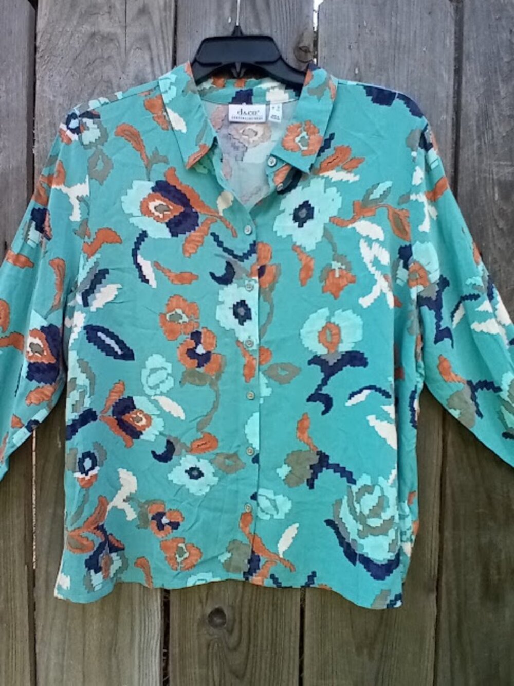 d&Co Canyon Retreat Long-Sleeve Button Front Shirt 1X Turquoise Floral Pattern